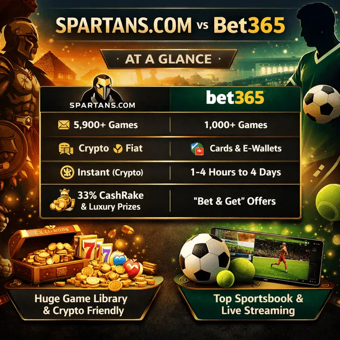 Spartans.com vs Bet365: Game Library, Payouts & Sportsbook Comparison
